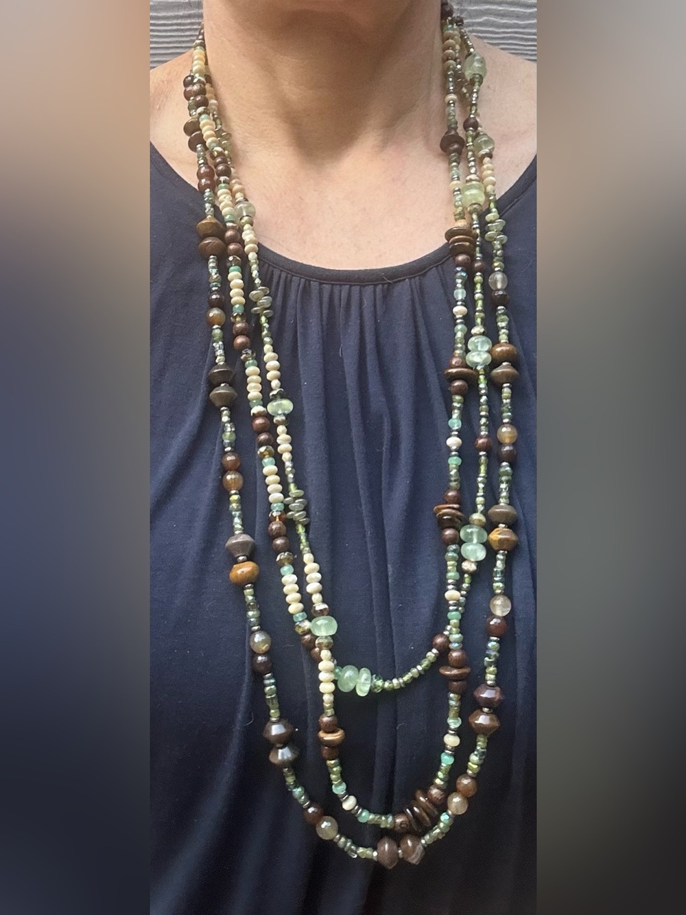 NWOT Artisan Long Green, Brown & Cream Beaded Necklace